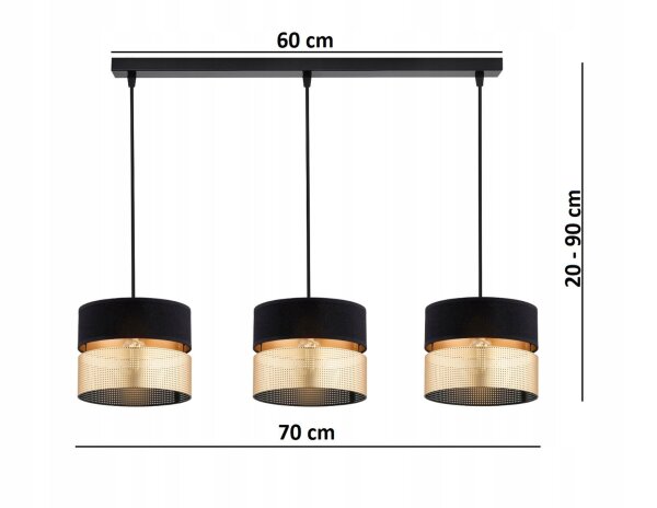 Pendelleuchte 3-flammig Schwarz Gold E27 L:70 cm Modern Leuchte