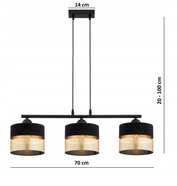 Hängelampe Schwarz Gold 3-flammig E27 L:70 cm Modern Leuchte