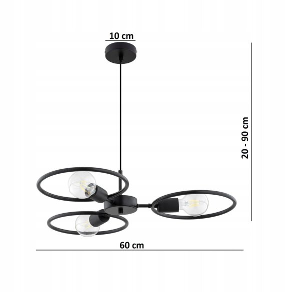Pendelleuchte 3-flammig Schwarz E27 B:60 cm Modern Leuchte