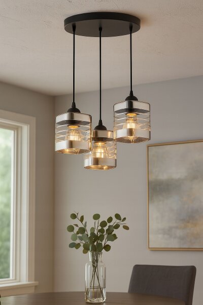 Pendelleuchte 3-flammig Glas Silber E27 L:30 cm rund Leuchte