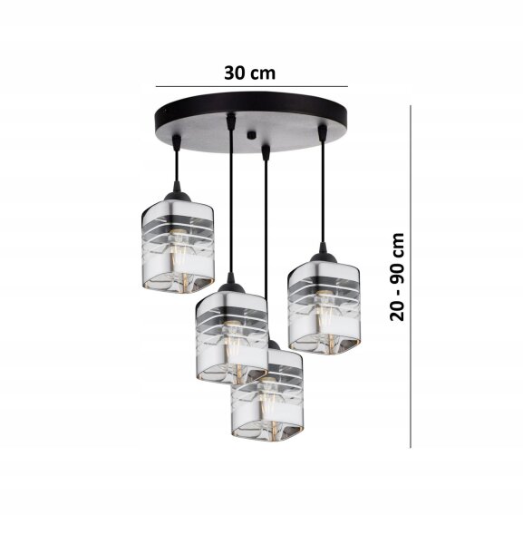 Pendelleuchte 4-flammig Glas Silber E27 L:30 cm Metall Leuchte