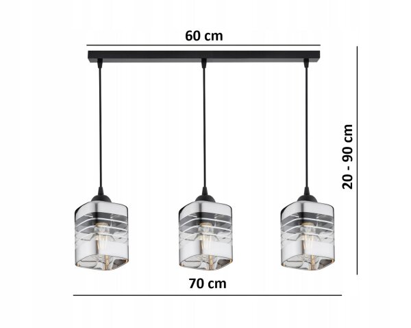 Pendelleuchte 3-flammig Metall Glas Silber E27 L:60 cm Leuchte
