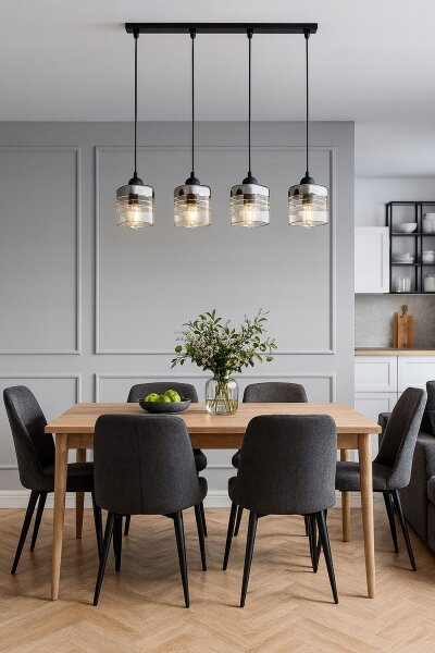 Pendelleuchte 4-flammig Glas Metall Silber E27 L:60 cm Leuchte
