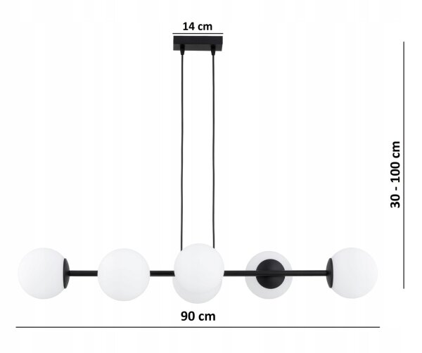 Hängelampe 6-flammig Glas Schwarz Weiß E27 L:90 cm Leuchte