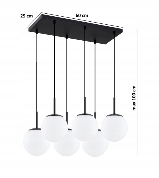 Pendelleuchte 6-flammig Glas Metall Schwarz E27 L:60 cm Leuchte