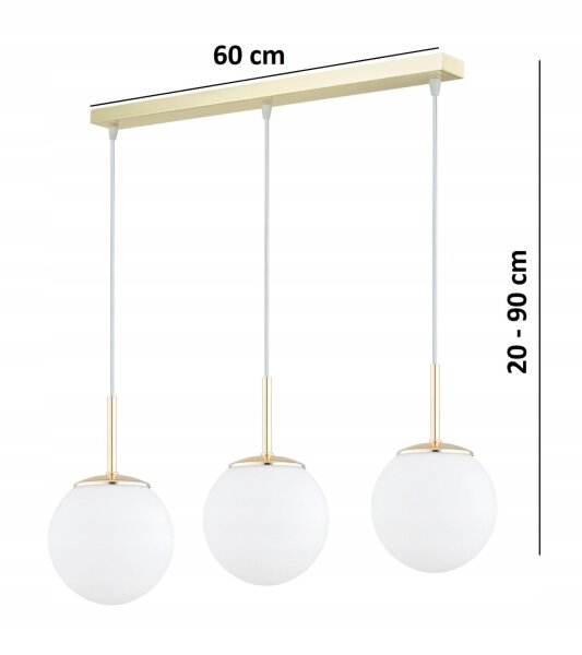 Pendelleuchte 3-flammig Glas Weiß Gold E27 L:60 cm Leuchte