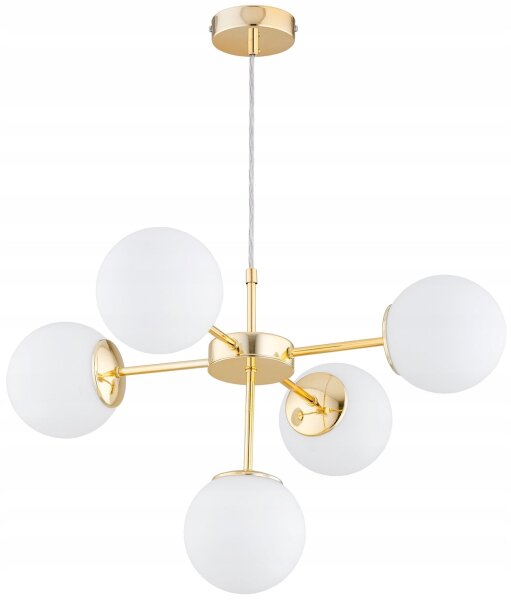 Pendelleuchte 5-flammig Glas Weiß Gold E27 L:60 cm Leuchte