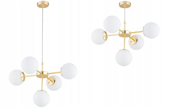 Pendelleuchte 5-flammig Glas Weiß Gold E27 L:60 cm Leuchte