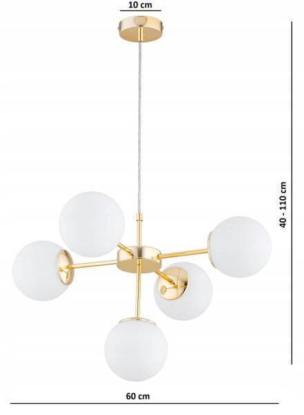 Pendelleuchte 5-flammig Glas Weiß Gold E27 L:60 cm Leuchte