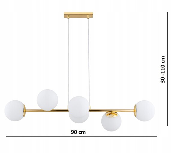 Pendelleuchte 6-flammig Glas Weiß Gold E27 L:90 cm Leuchte