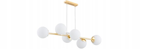 Pendelleuchte 6-flammig Glas Weiß Gold E27 L:90 cm