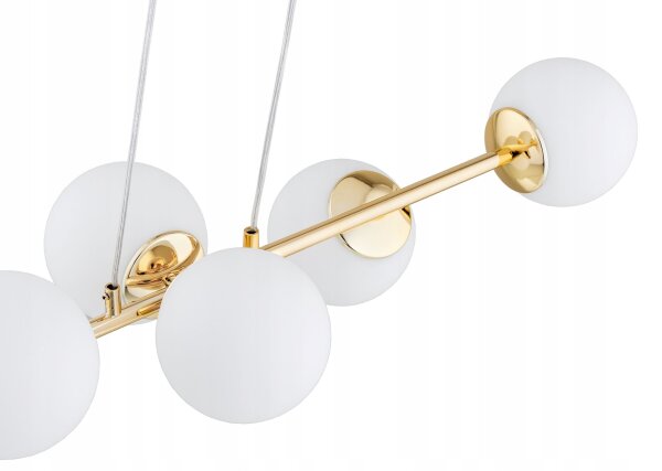 Pendelleuchte 6-flammig Glas Weiß Gold E27 L:90 cm