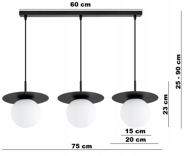 Pendelleuchte 3-flammig Glas Schwarz E27 L:75 cm Leuchte