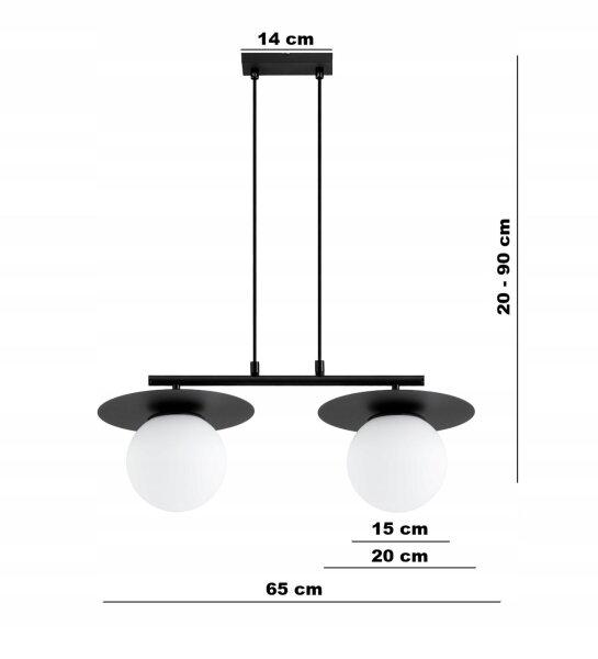 Hängelampe 2-flammig Glas Schwarz Weiß E27 L:65 cm Leuchte
