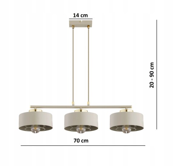 Pendelleuchte 3-flammig Beige Gold Metall E27 L:70 cm Leuchte