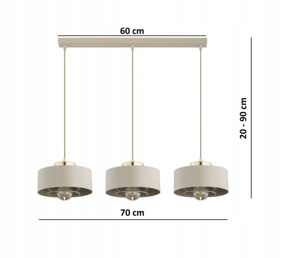 Hängelampe 3-flammig Beige Gold Metall E27 L:60 cm Leuchte