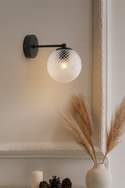 Wandlampe Glasschirm Metall Schwarz E27 B:15 cm Retro Leuchte