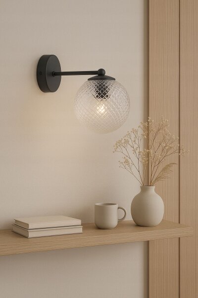 Wandlampe Glasschirm Metall Schwarz E27 B:15 cm Retro Leuchte