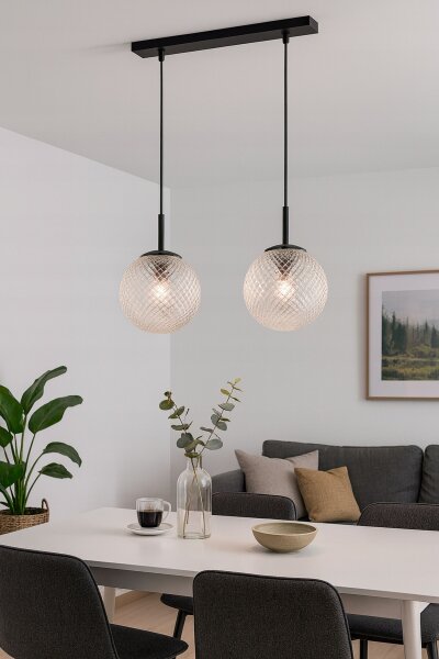 Pendelleuchte 2-flammig Schwarz Metall Glas E27 L:40 cm Leuchte