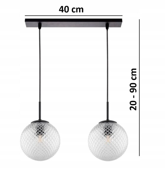 Pendelleuchte 2-flammig Schwarz Metall Glas E27 L:40 cm Leuchte