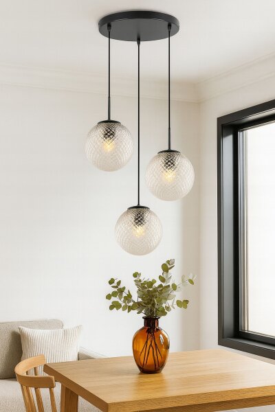 Pendelleuchte 3-flammig Schwarz Metall Glas E27 B:30 cm Leuchte