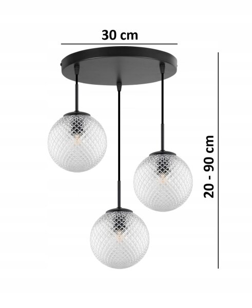 Pendelleuchte 3-flammig Schwarz Metall Glas E27 B:30 cm Leuchte