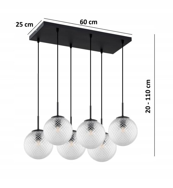 Hängelampe 6-flammig Metall Glas Schwarz E27 60 cm Leuchte