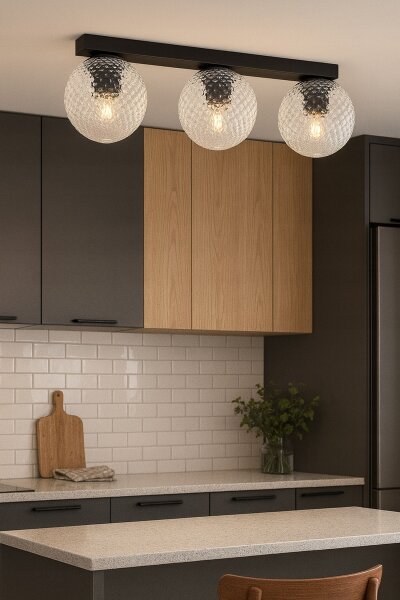 Deckenleuchte 3-flammig Glas Metall Schwarz E27 L:60 cm Leuchte