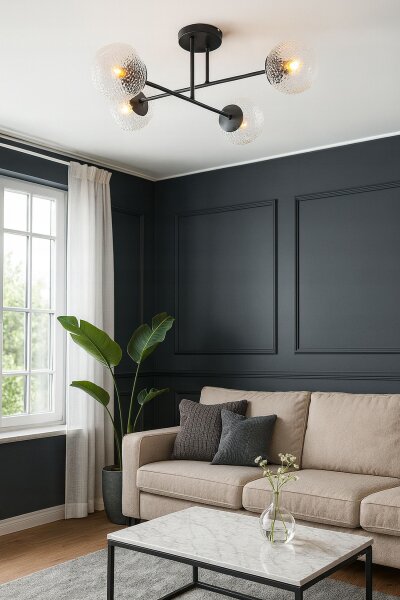 Deckenleuchte 4-flammig Glas Metall Schwarz E27 L:70 cm Leuchte
