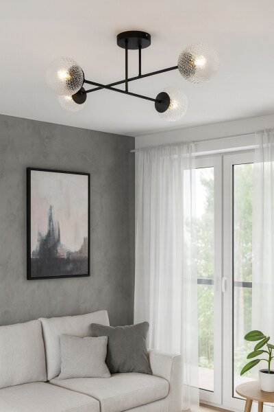 Deckenleuchte 4-flammig Glas Metall Schwarz E27 L:70 cm Leuchte