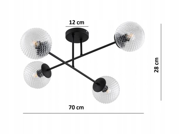 Deckenleuchte 4-flammig Glas Metall Schwarz E27 L:70 cm Leuchte