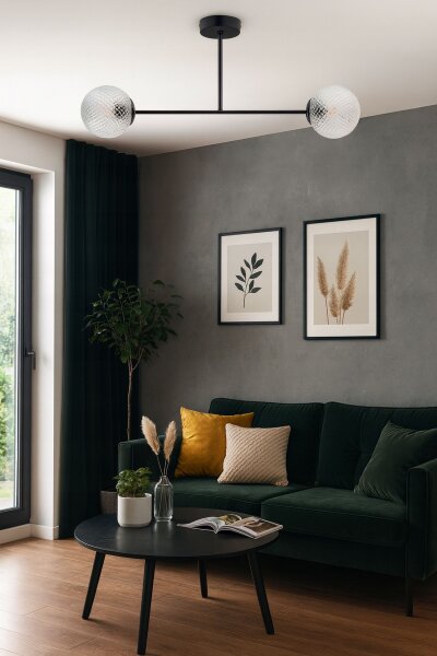 Deckenleuchte Metall Glas Schwarz 2-flammig E27 L:70 cm Leuchte