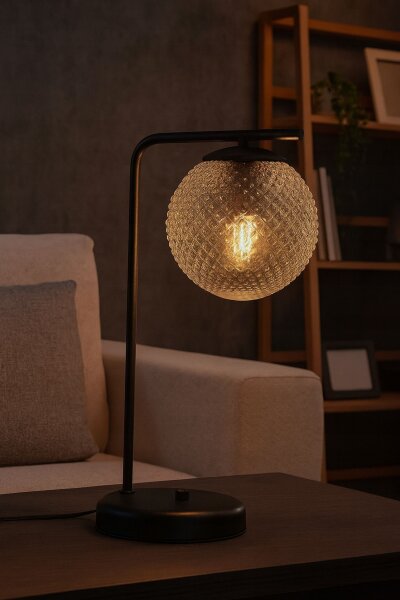 Tischlampe Glas Metall Schwarz E27 H:38 cm wohnlich