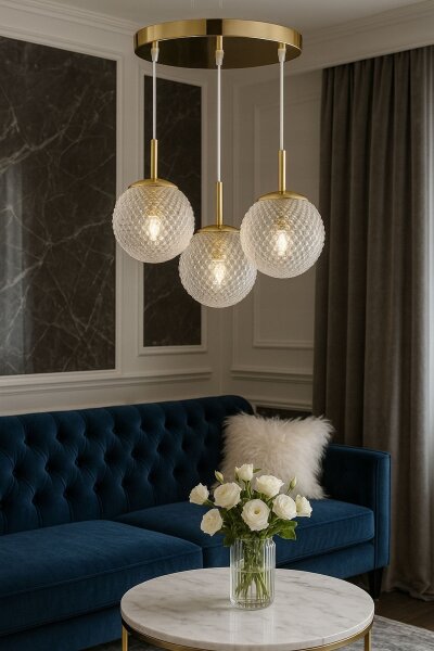 Pendelleuchte 3-flammig Gold Metall Glas E27 B:30 cm Leuchte