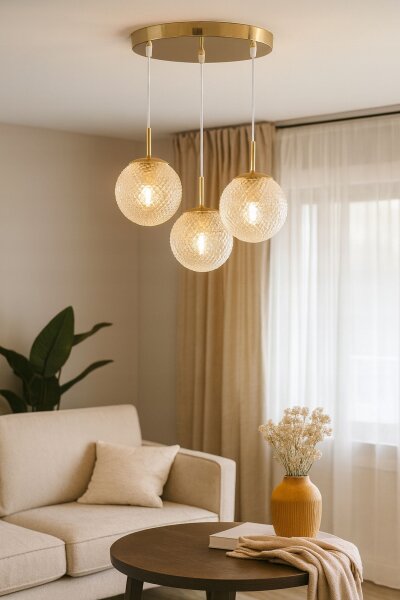 Pendelleuchte 3-flammig Gold Metall Glas E27 B:30 cm Leuchte