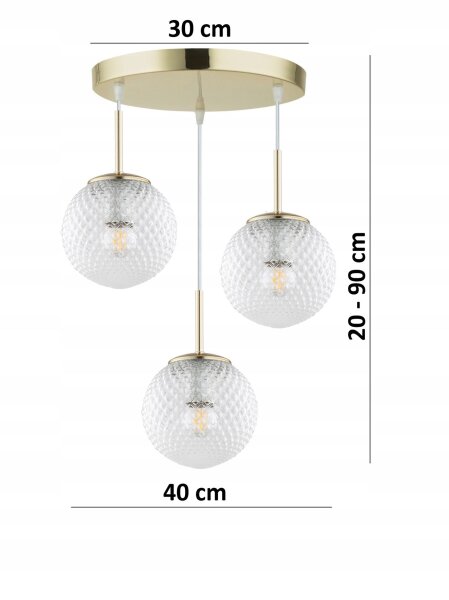Pendelleuchte 3-flammig Gold Metall Glas E27 B:30 cm Leuchte