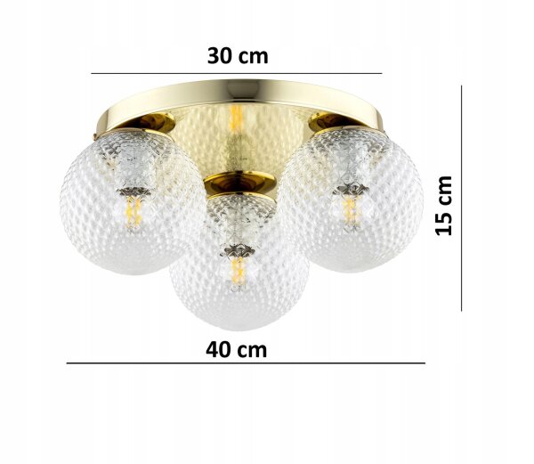 Deckenlampe Glas Metall Gold E27 Ø30 cm 3-flammig Retro Leuchte