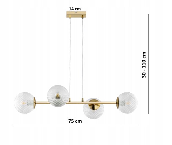Pendelleuchte 4-flammig Glas Metall Gold E27 L:15 cm Leuchte