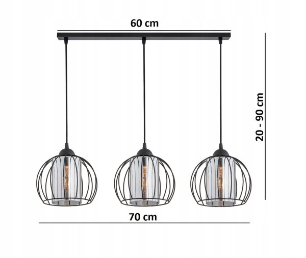 Pendelleuchte 3-flammig Glas Schwarz E27 L:70 cm Modern Leuchte