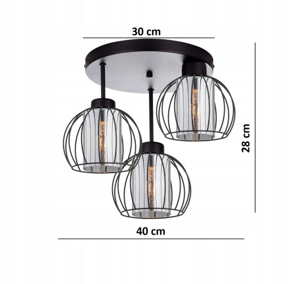 Deckenleuchte 3-flammig Glas Metall Schwarz E27 B:40 cm Leuchte