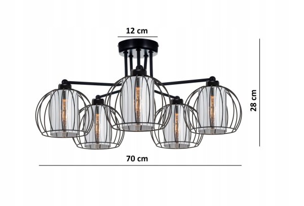 Deckenleuchte 5-flammig Schwarz Glas Metall E27 B:70 cm Leuchte