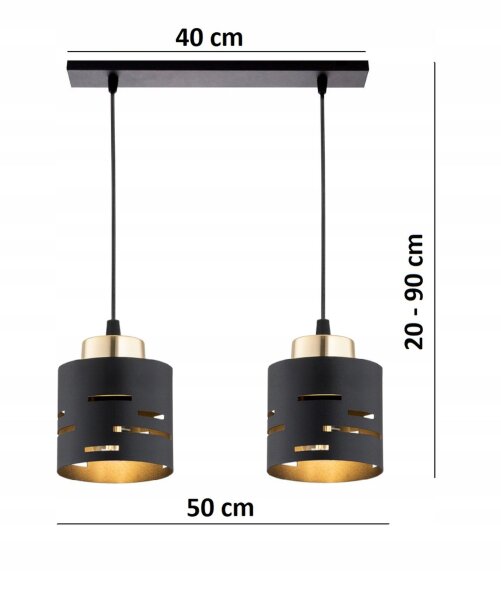 Pendelleuchte 2-flammig Schwarz Gold Metall E27 L:40 cm Leuchte