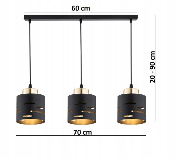Pendelleuchte 3-flammig Metall Schwarz Gold E27 L:60 cm Leuchte