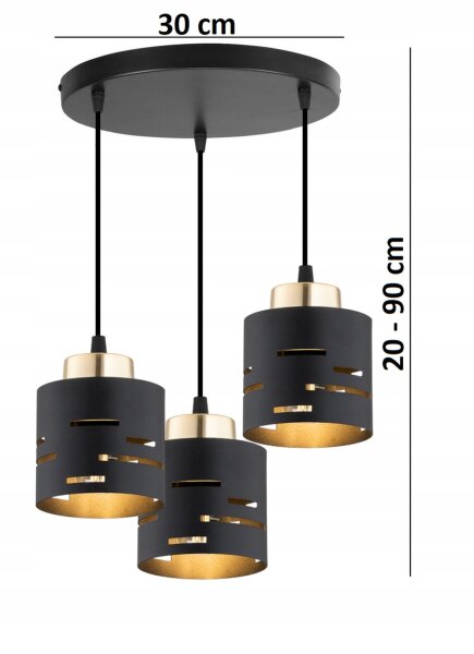 Hängelampe 3-flammig Schwarz Gold E27 B:30 cm rund Leuchte