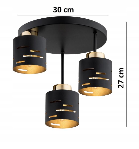 Deckenleuchte 3-flammig Schwarz Gold E27 B:30 cm Metall Leuchte