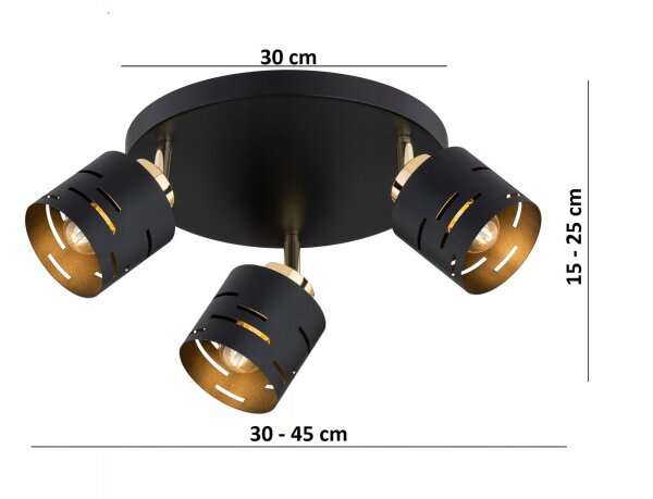 Deckenspot flexibel Schwarz Gold 3-flammig E27 B:30 cm Leuchte