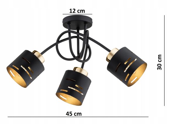 Deckenleuchte 3-flammig Metall Schwarz Gold E27 L:45 cm Leuchte