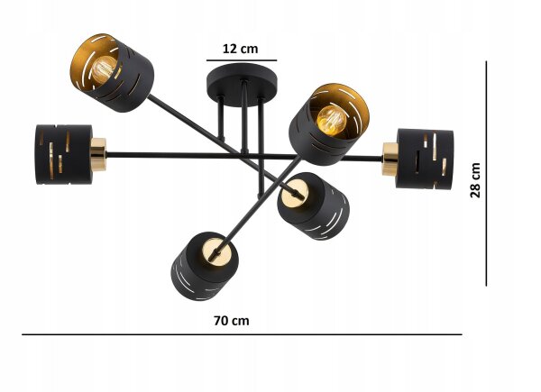 Deckenlampe 6-flammig Schwarz Gold E27 B:70 cm Modern Leuchte