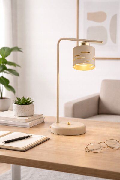 Tischleuchte Ecru Gold Metall E27 H:38 cm klein Modern Leuchte