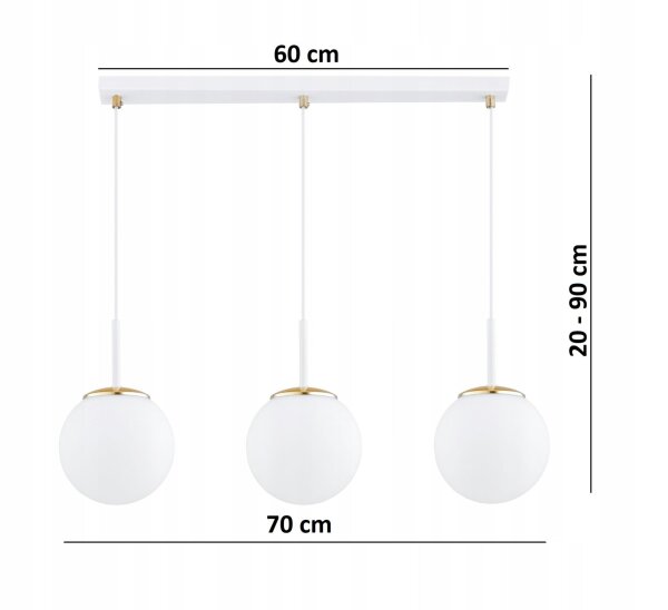 Pendelleuchte 3-flammig Glas Weiß Gold E27 L:60 cm Leuchte